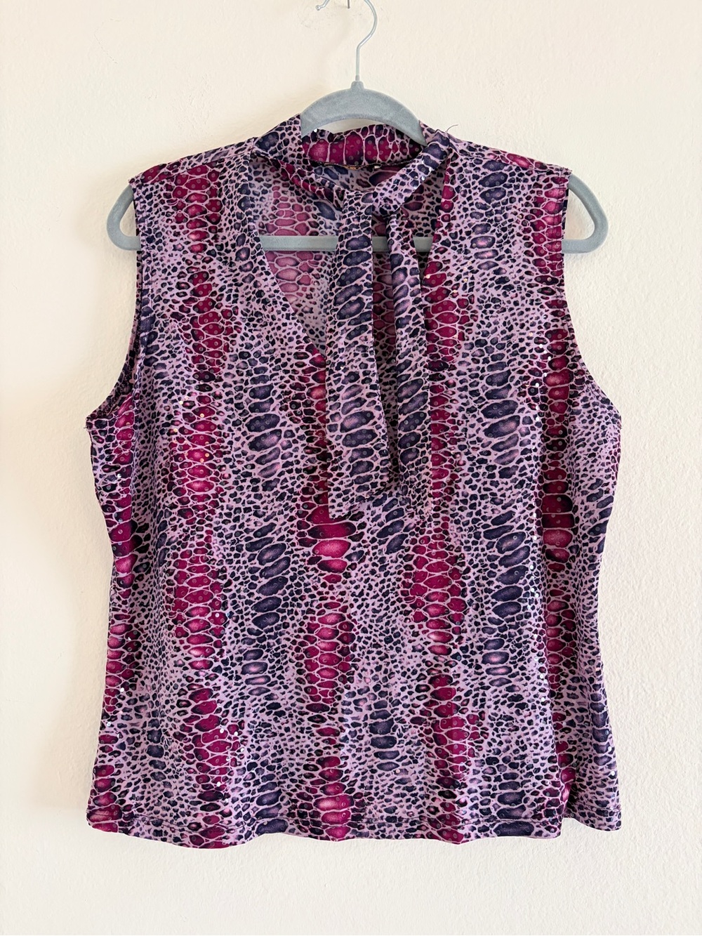 Vintage Snake Print Sequined Tie Neck Blouse in Pink & Purple